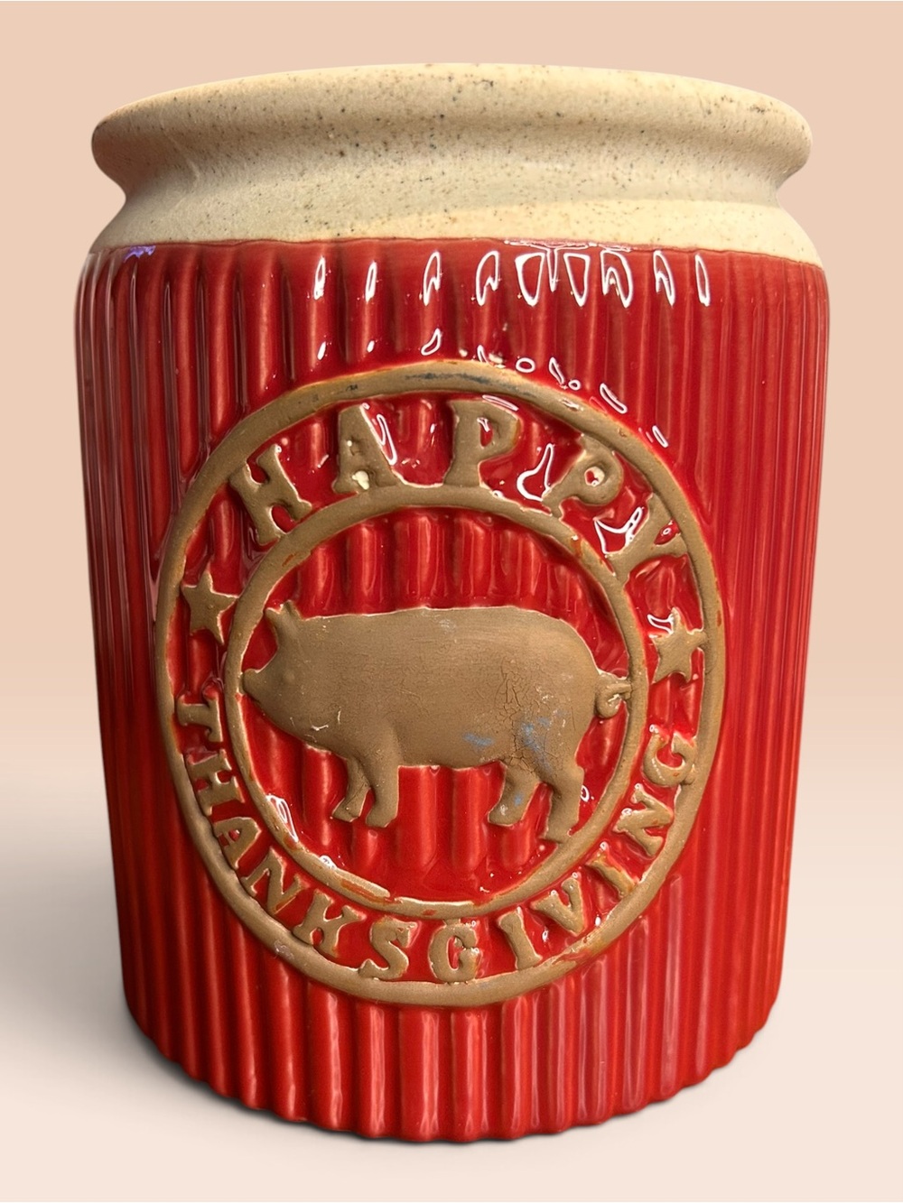 🦃Happy Thanksgiving Red Ceramic Canister with Beige Accent